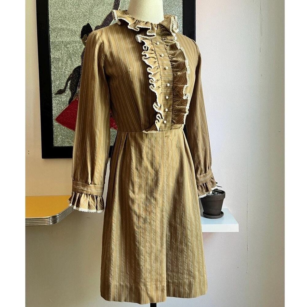 Vintage 60s A Line Mini Dress | Khaki Pinstripe Lace Ruffle Puff Sleeve | XS
